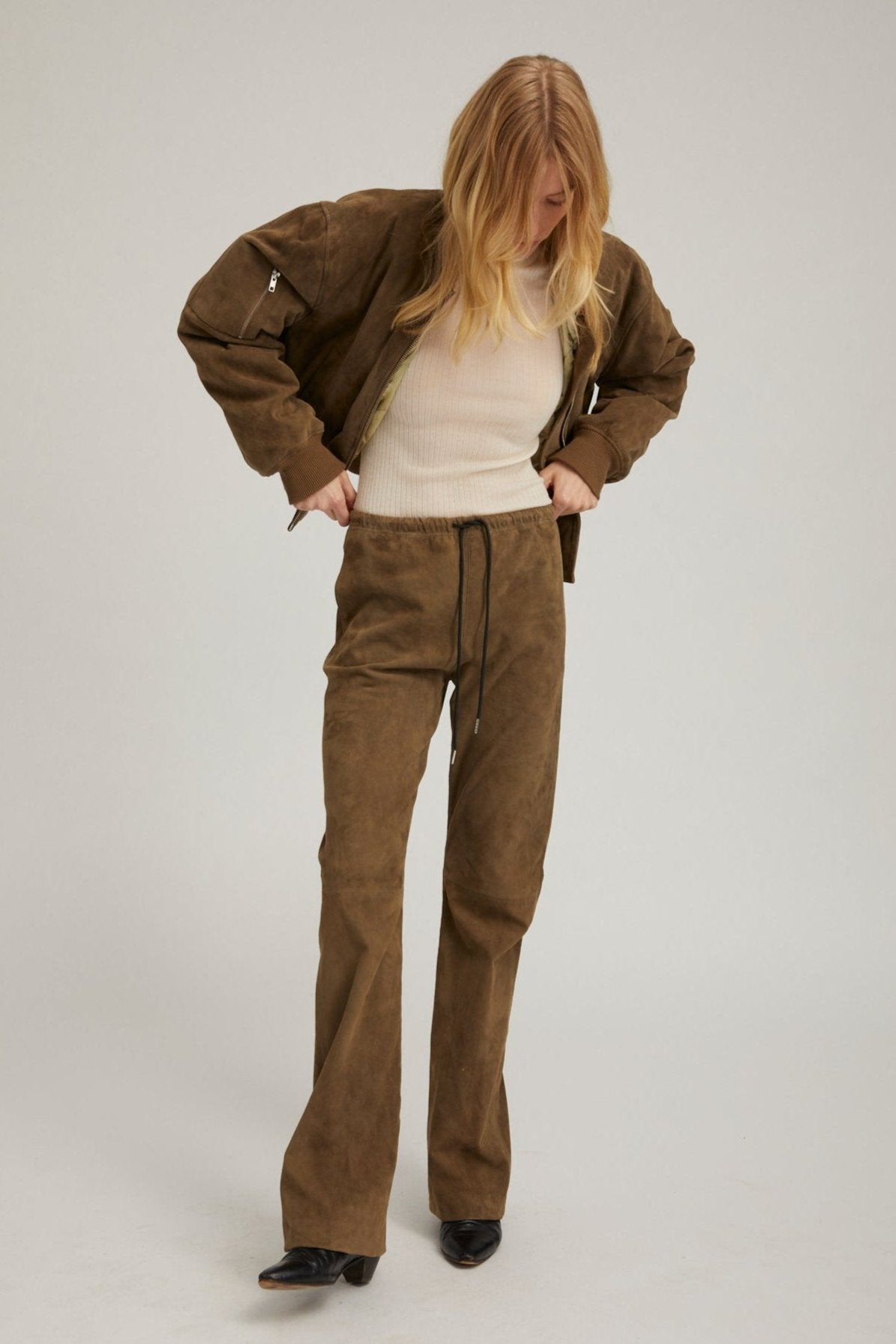 Olive Suede Straight Leg Pants