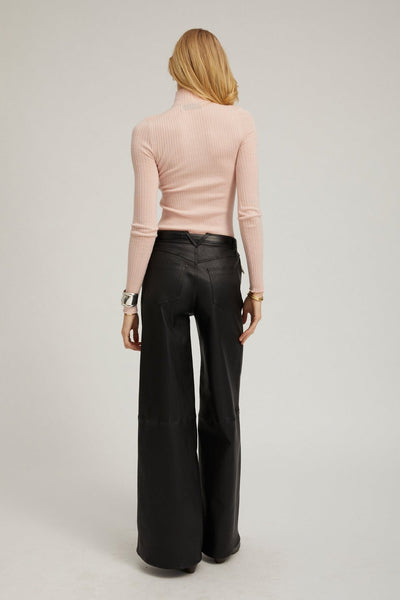 Black Leather 5 Pocket Mid Rise Wide Leg Pants