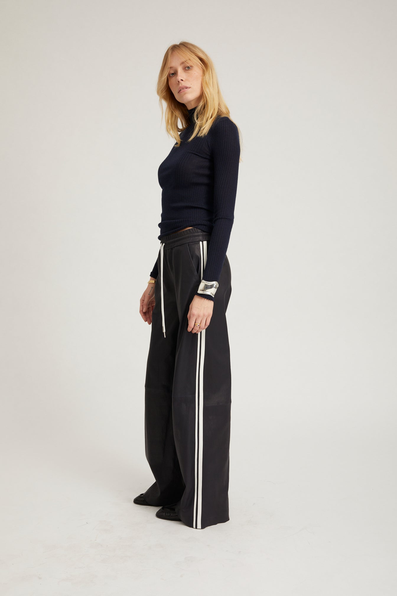 Navy Leather Baggy Athletic Pants
