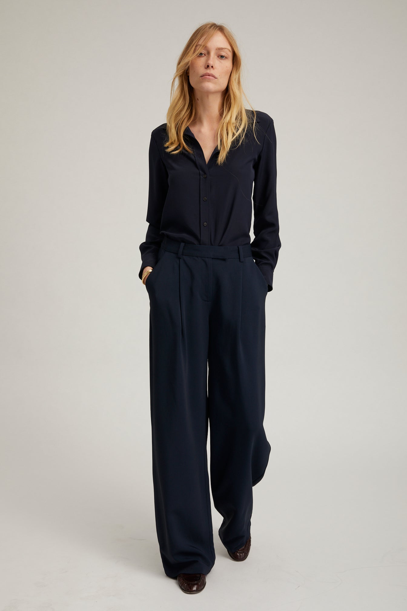 Navy Silk Fitted Button Down