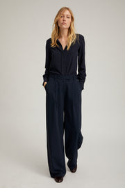 Navy Silk Fitted Button Down