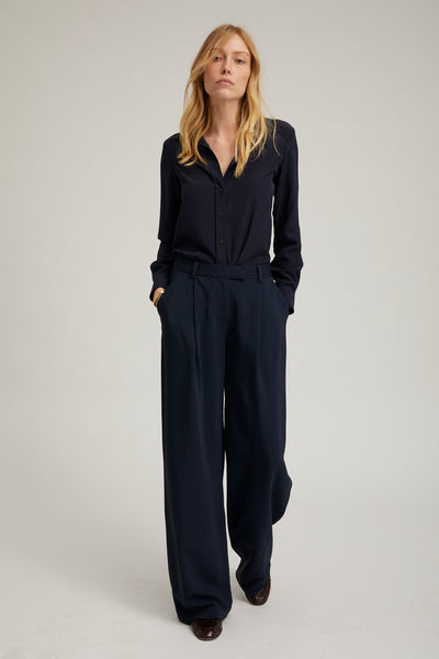 Navy Silk Fitted Button Down