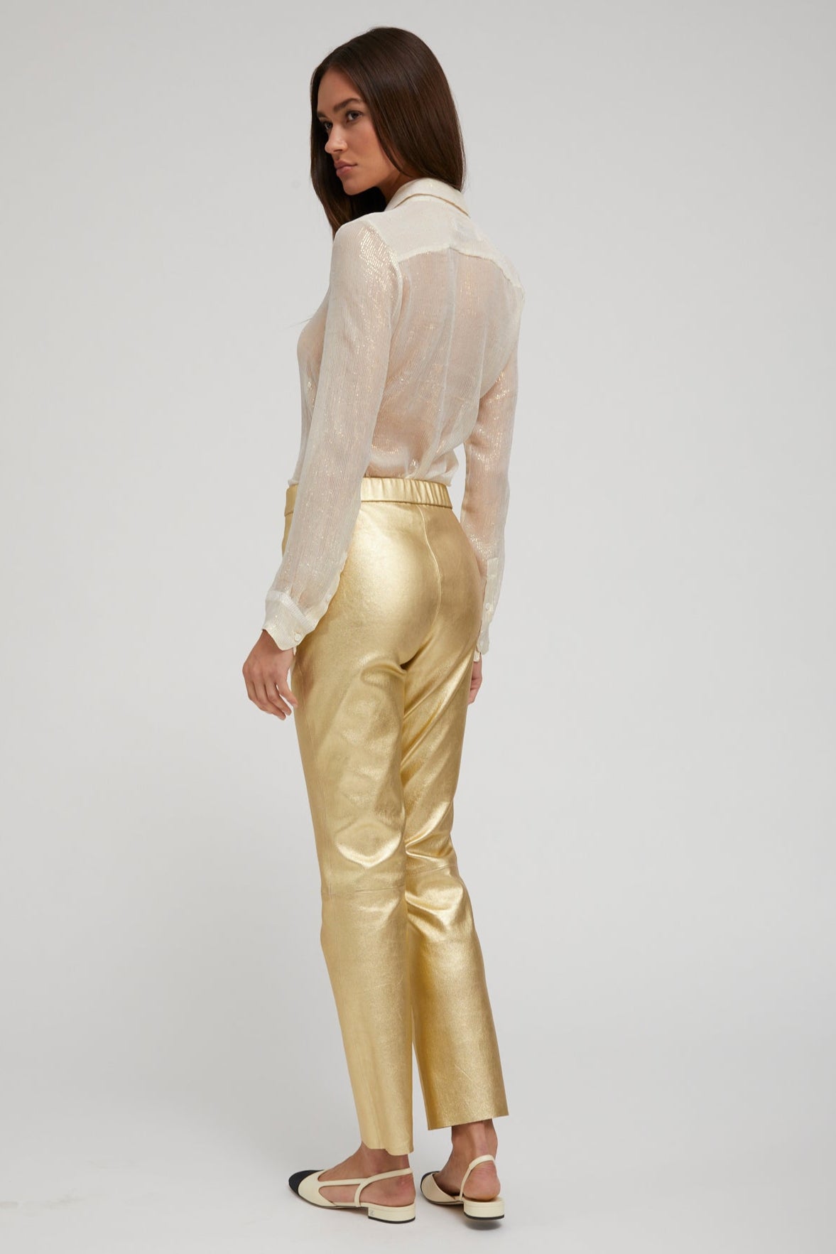 Off White & Gold Silk Fitted Button Down