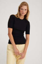 Black Cashmere Mid Sleeve Crewneck