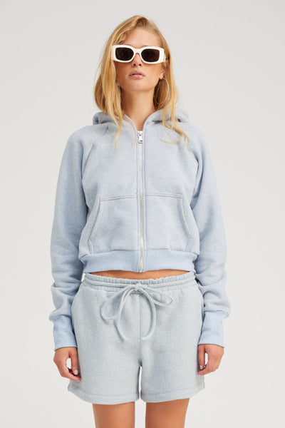 Ice Blue Melange Shrunken Zip Up Hoodie
