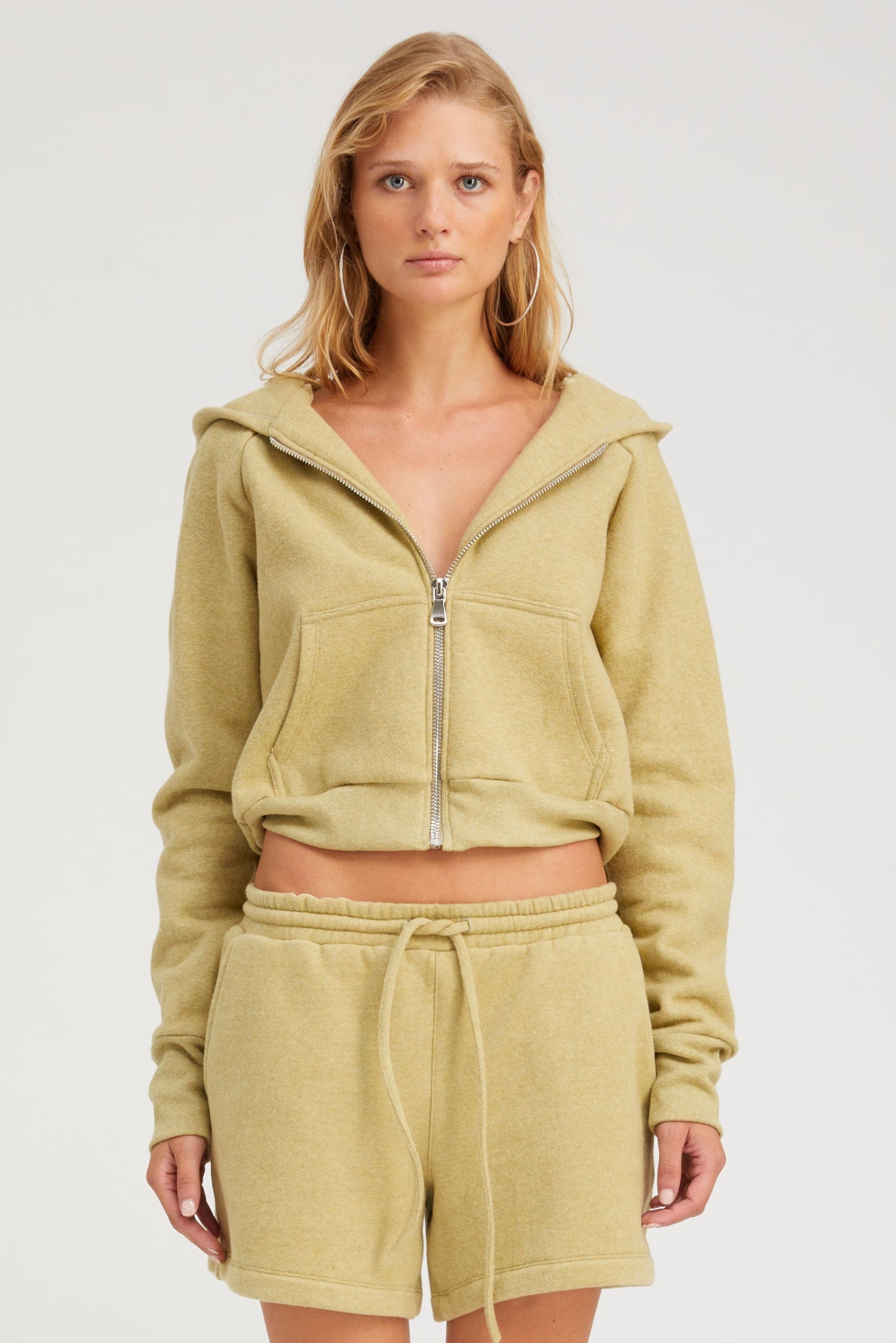 Pistachio Melange Shrunken Zip Up Hoodie