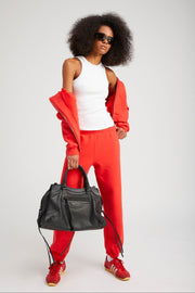 Red Cotton Shrunken Zip Up Hoodie