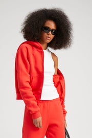 Red Cotton Shrunken Zip Up Hoodie