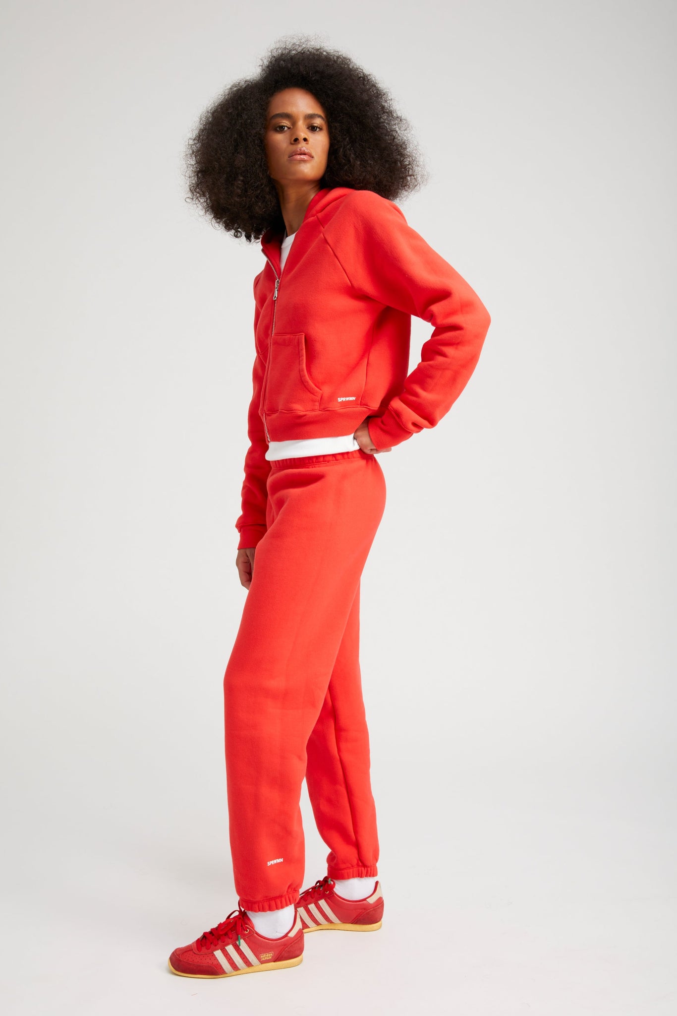 Red Cotton Shrunken Zip Up Hoodie