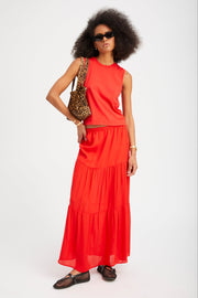 Red Silk Tiered Maxi Skirt
