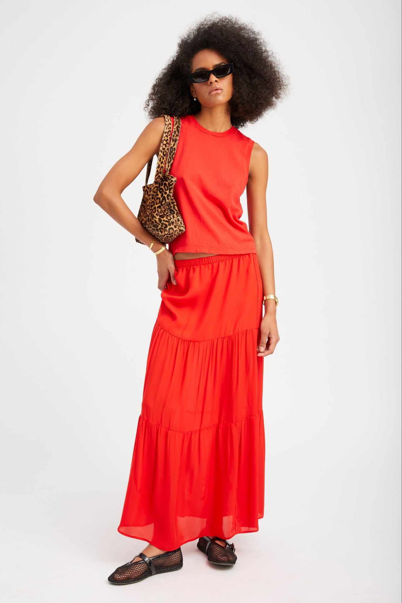 Red Silk Tiered Maxi Skirt