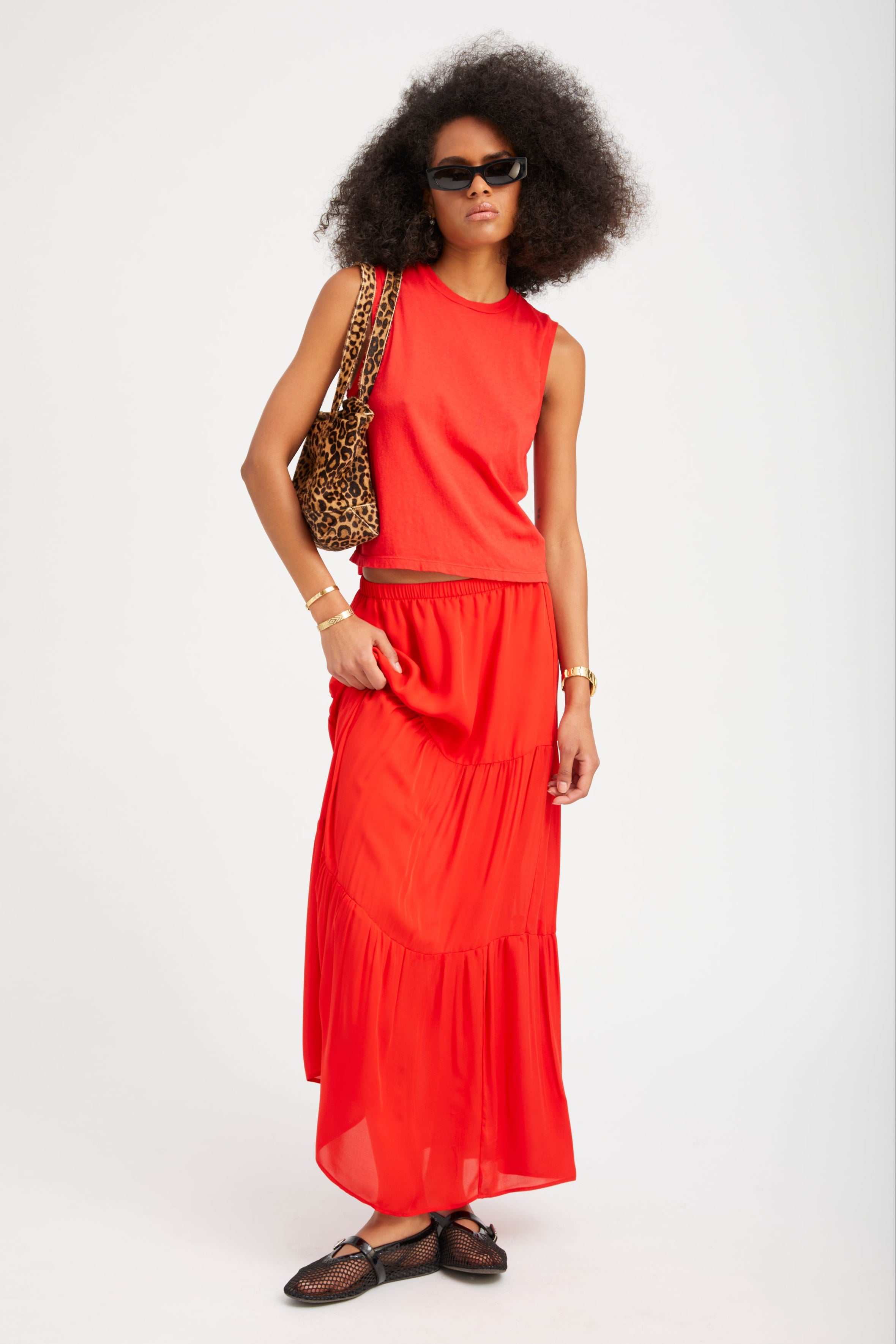 Red Silk Tiered Maxi Skirt