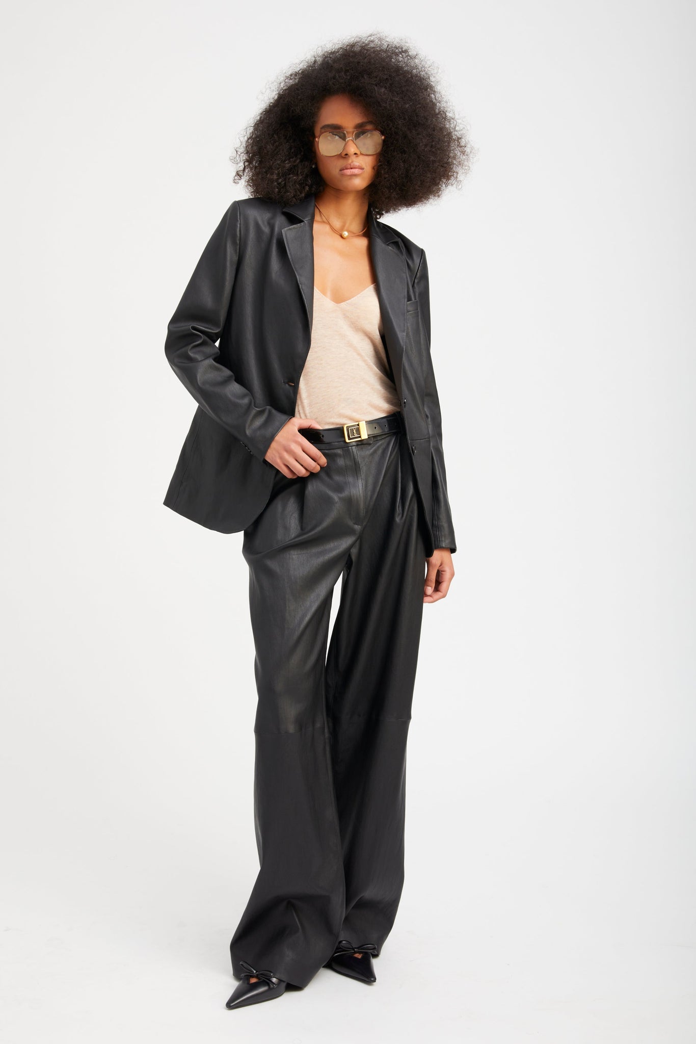 Black Leather Paloma Pleated Trousers
