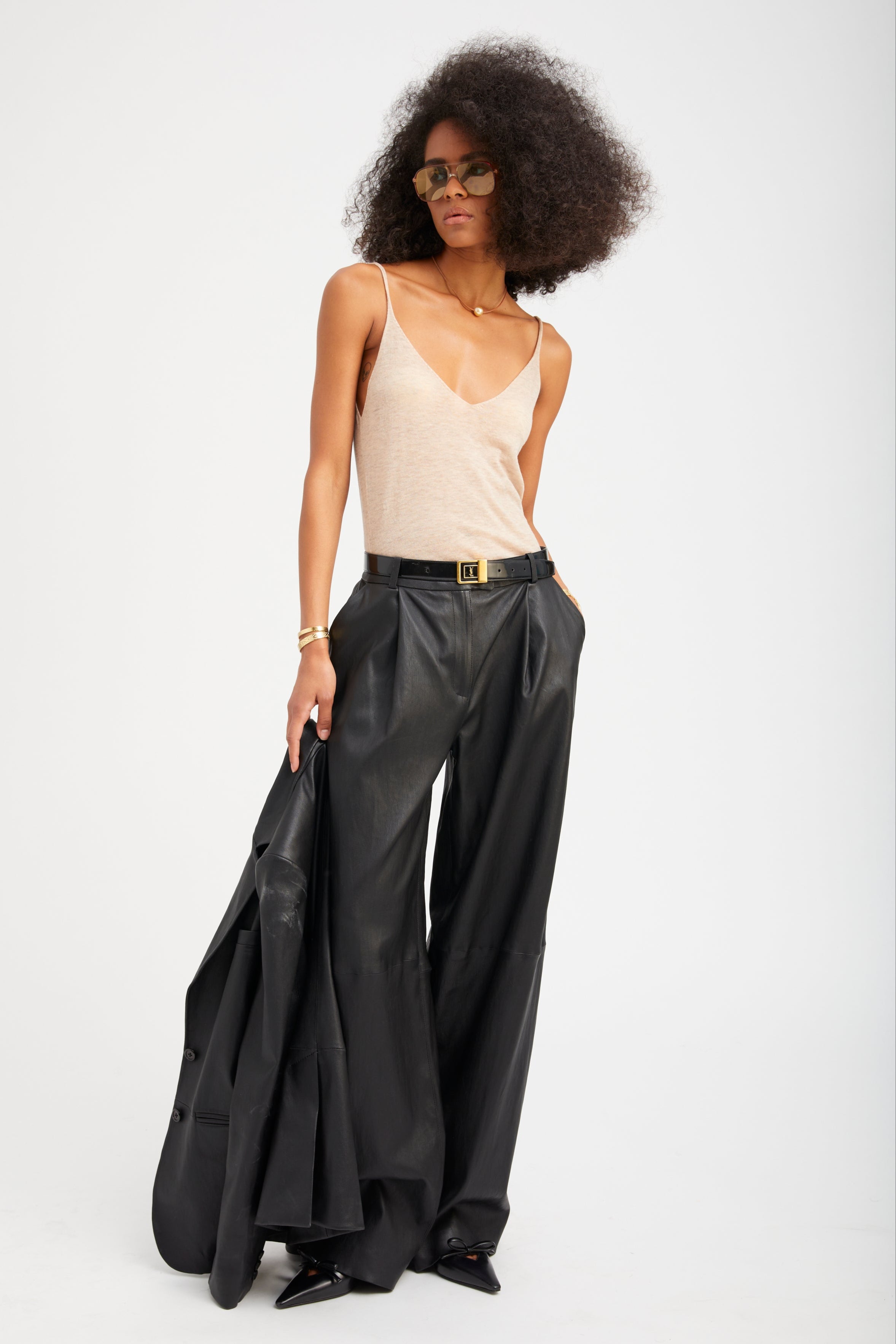 Black Leather Paloma Pleated Trousers