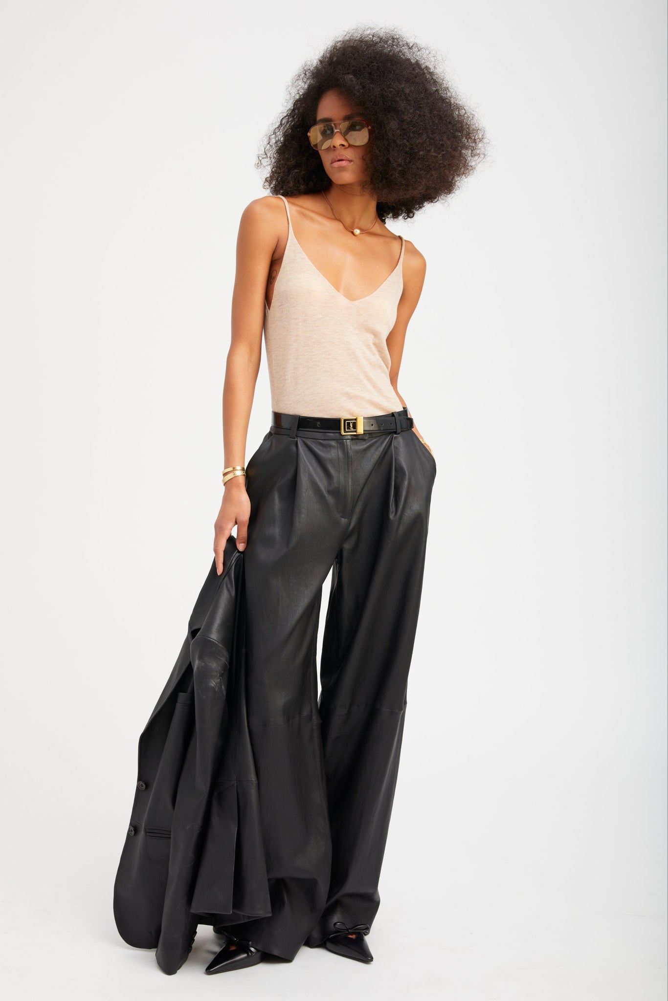 Black Leather Paloma Pleated Trousers