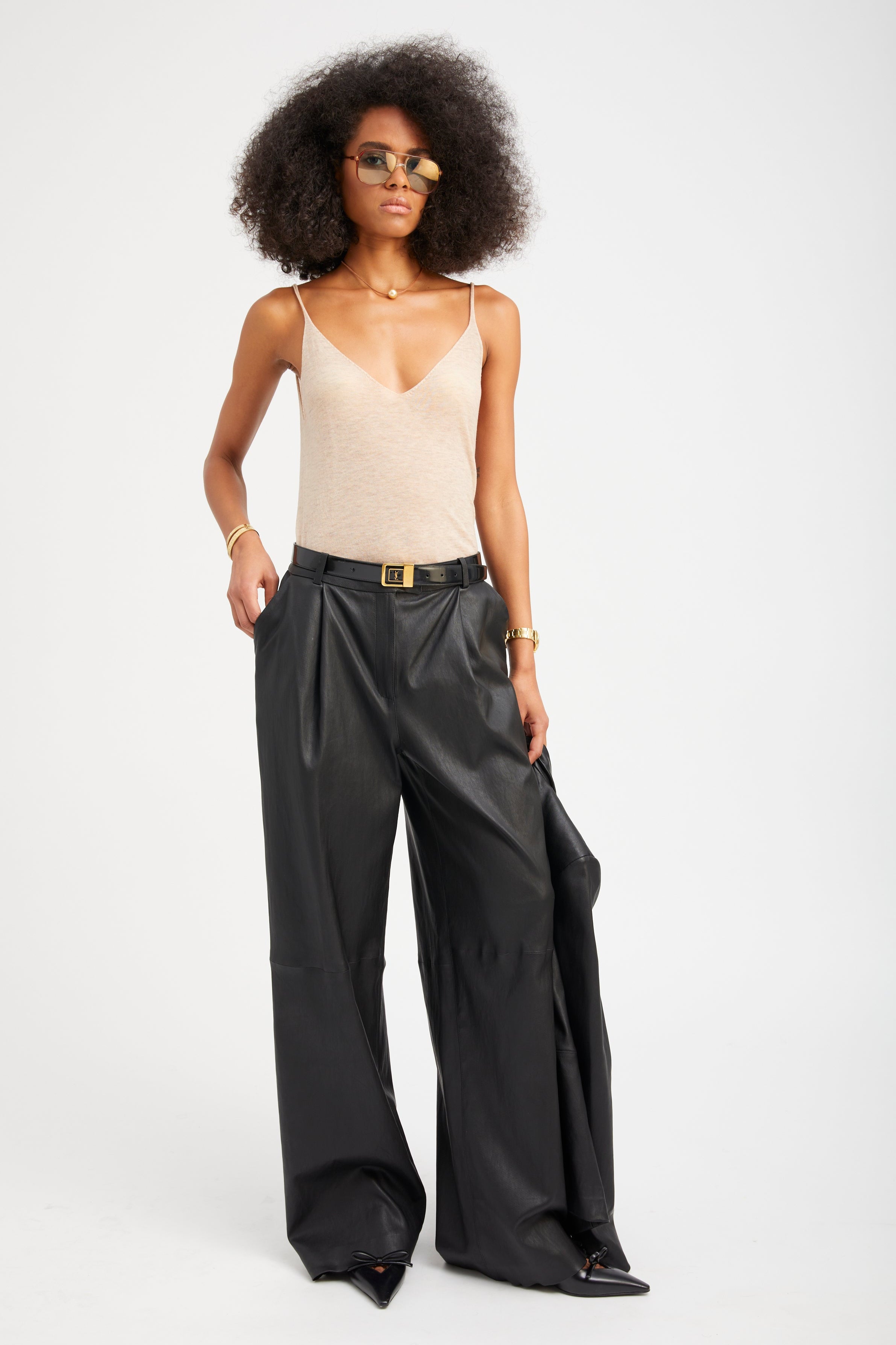 Black Leather Paloma Pleated Trousers