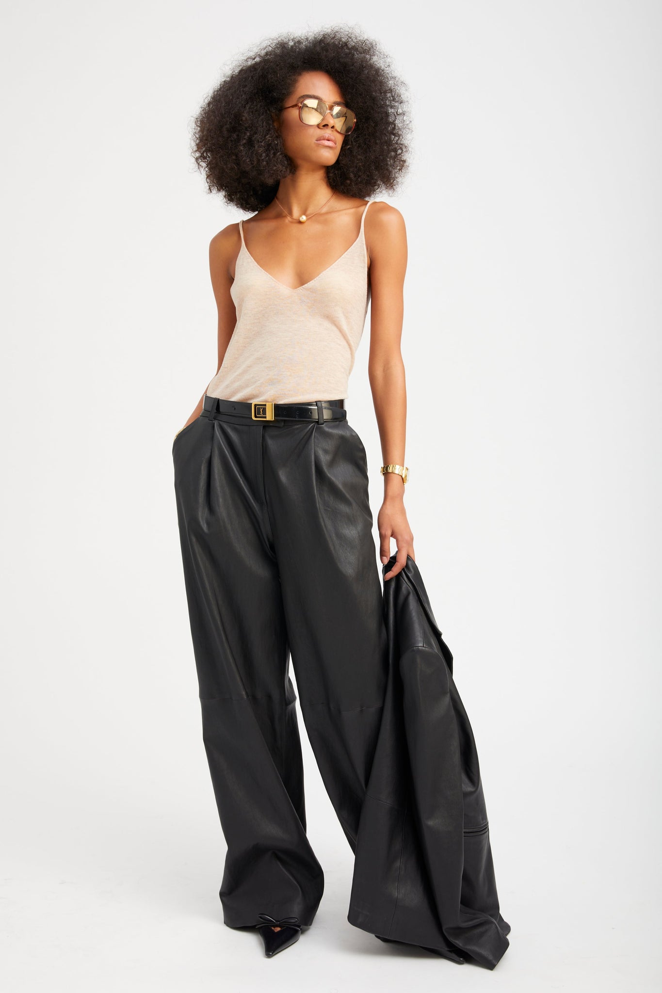 Black Leather Paloma Pleated Trousers