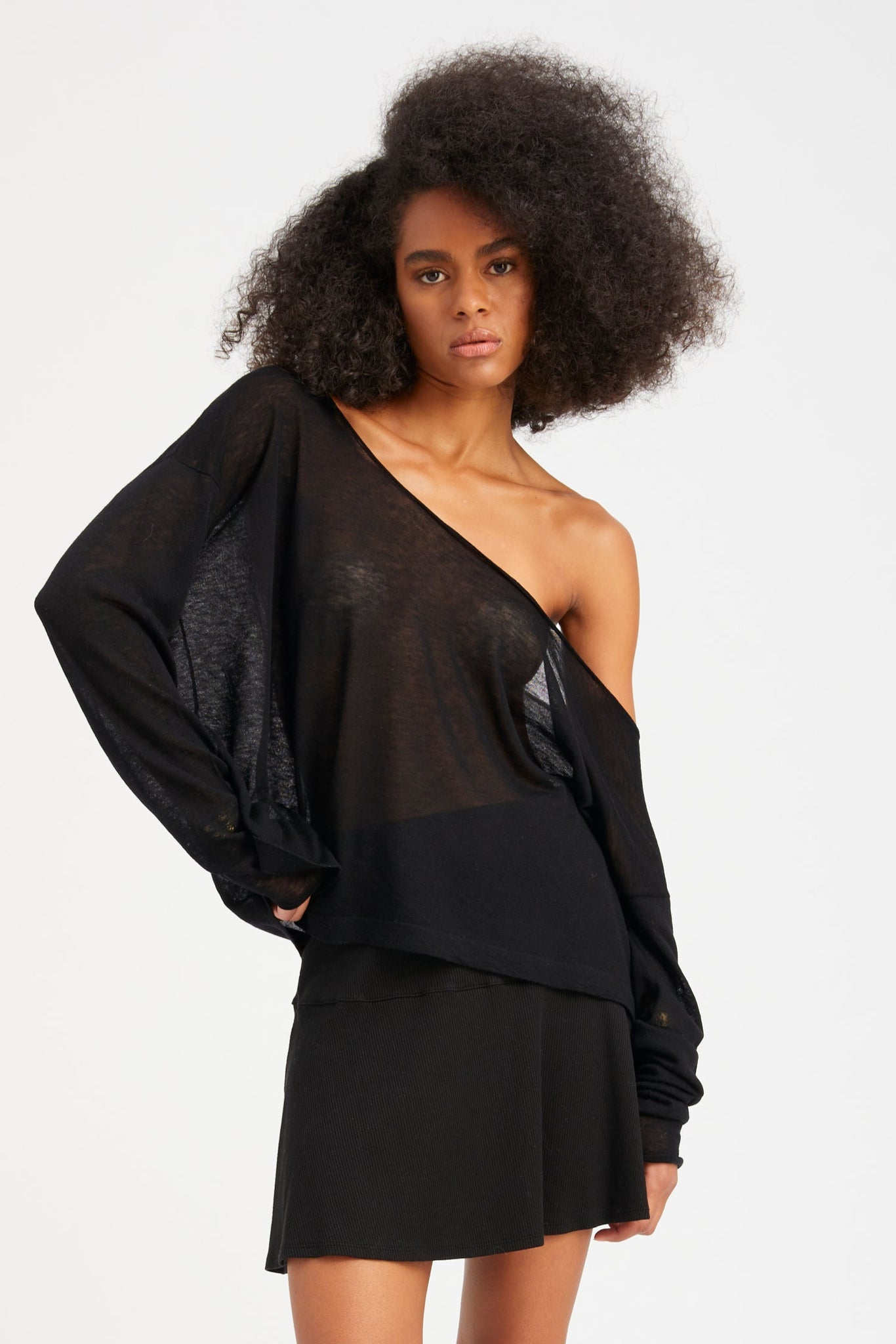 Black Tissue Cashmere Off-Shoulder Top