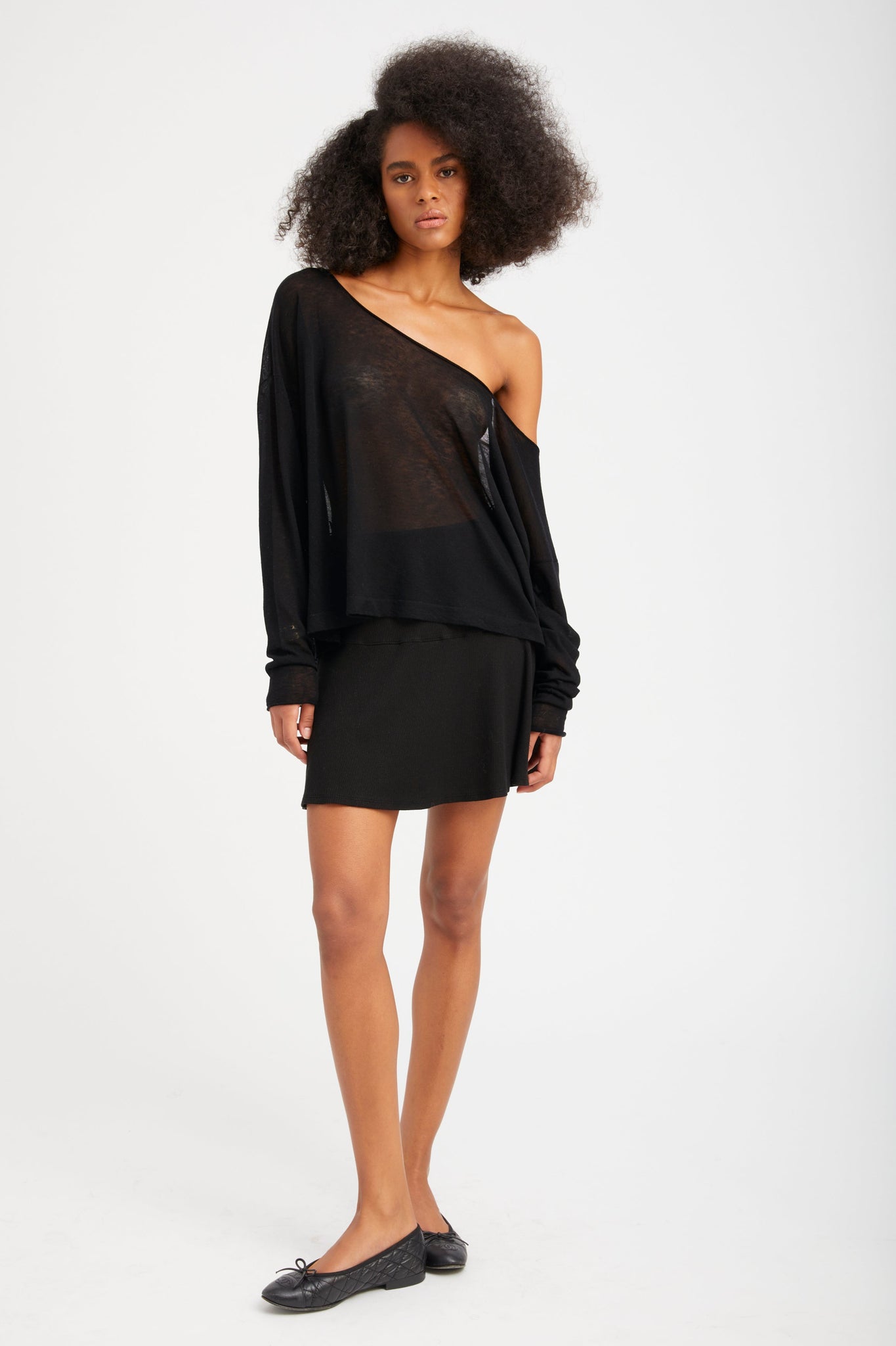 Black Tissue Cashmere Off-Shoulder Top