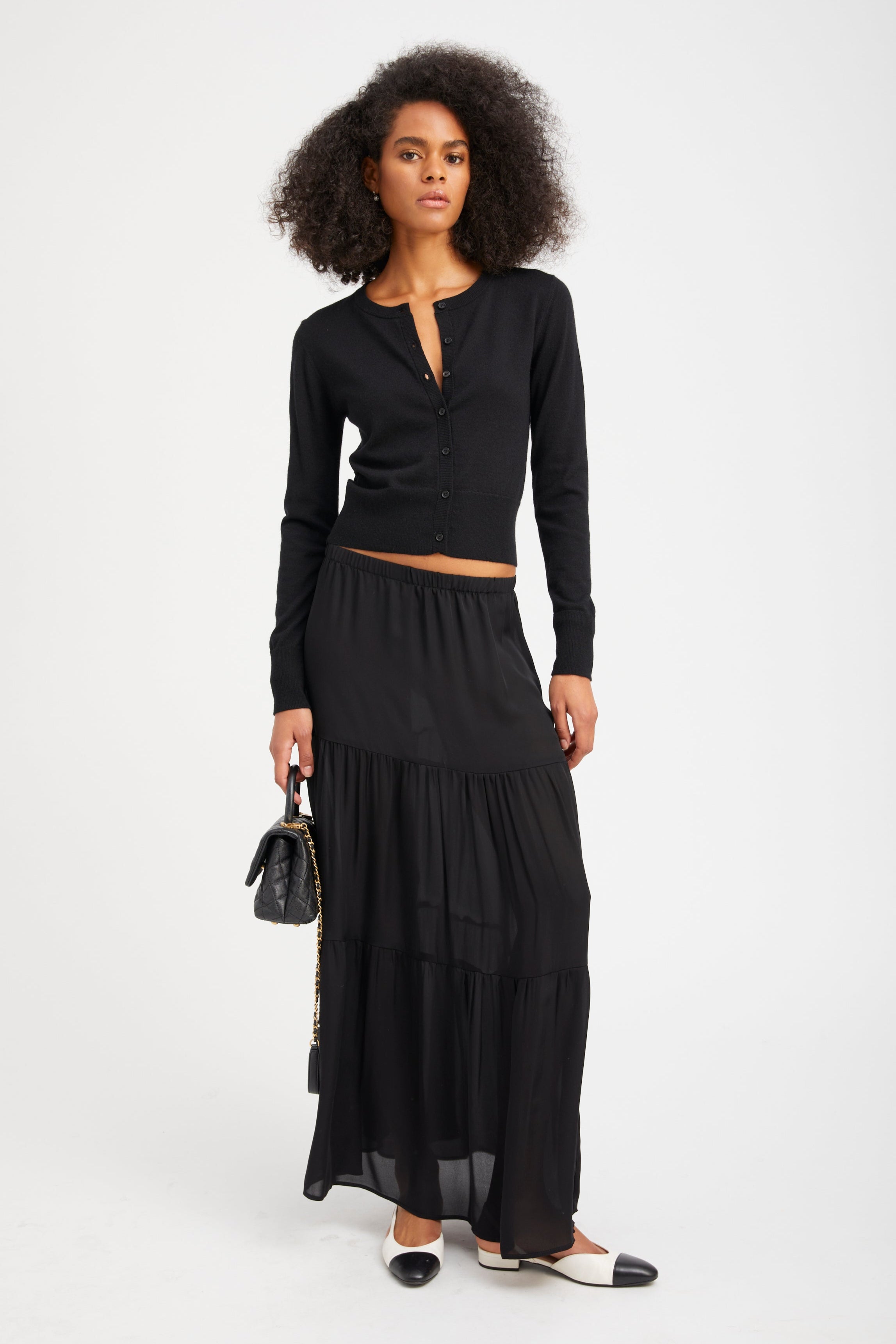 Black Silk Tiered Maxi Skirt