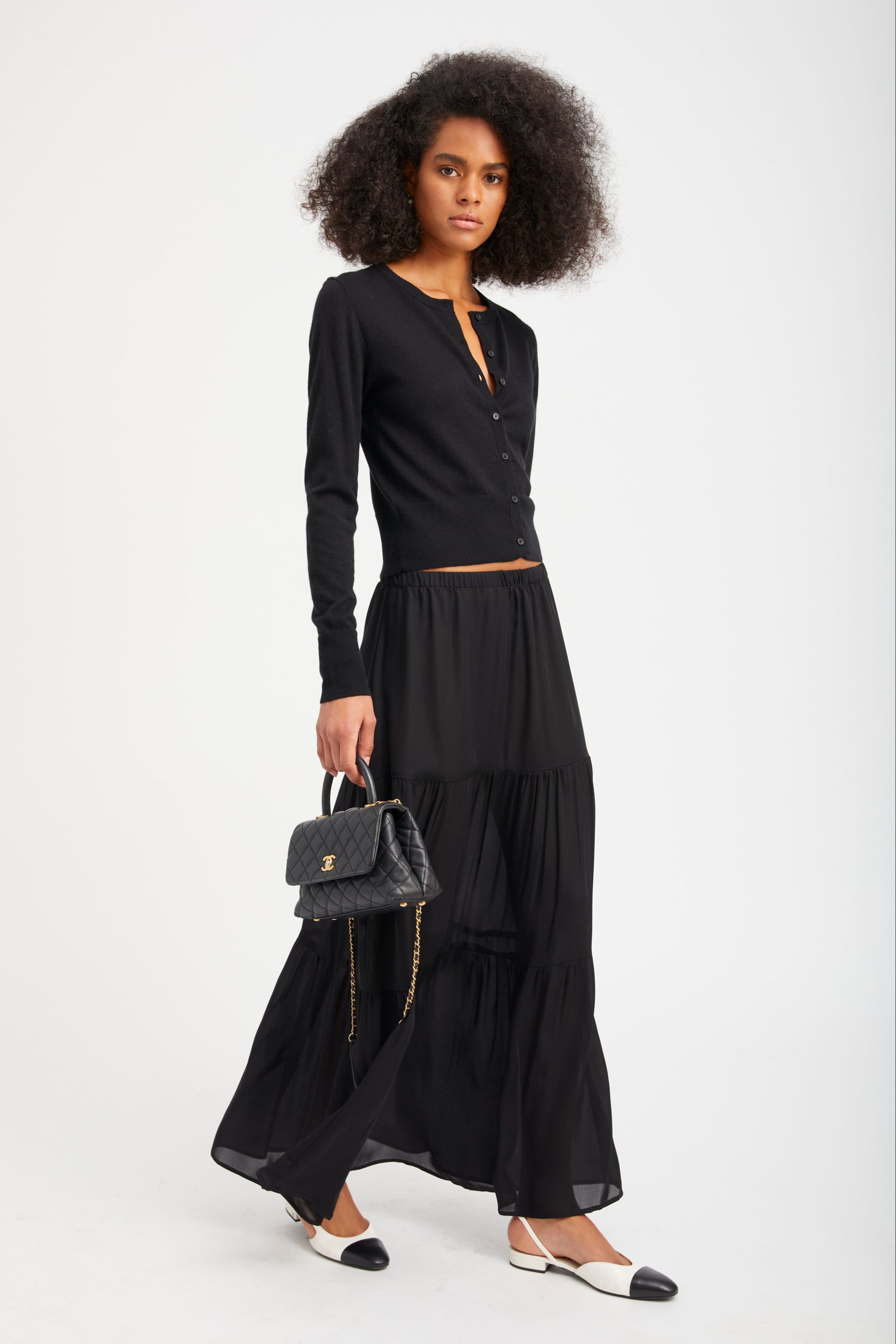 Black Silk Tiered Maxi Skirt