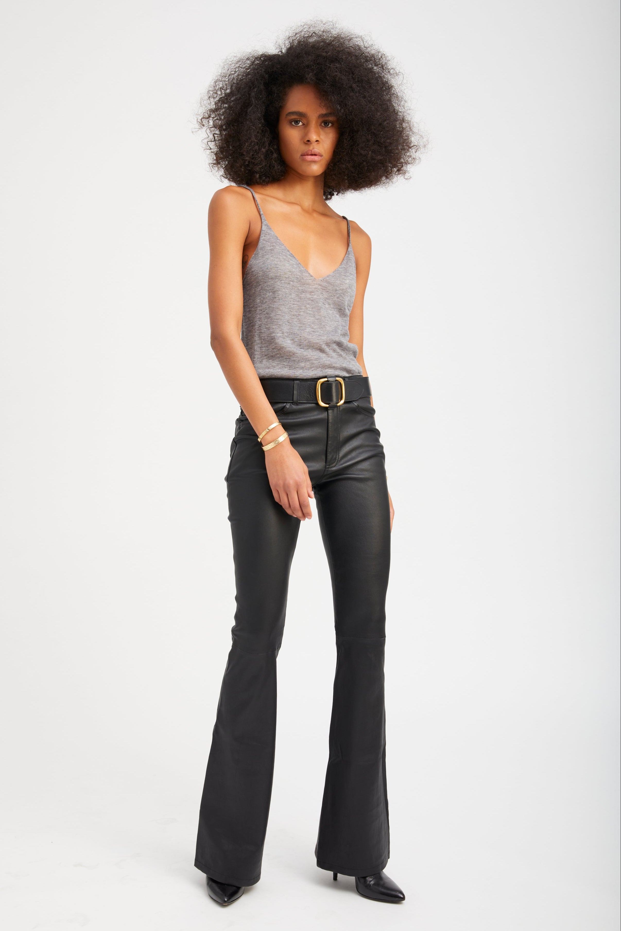 Black Leather 5 Pocket Micro Flare Pants