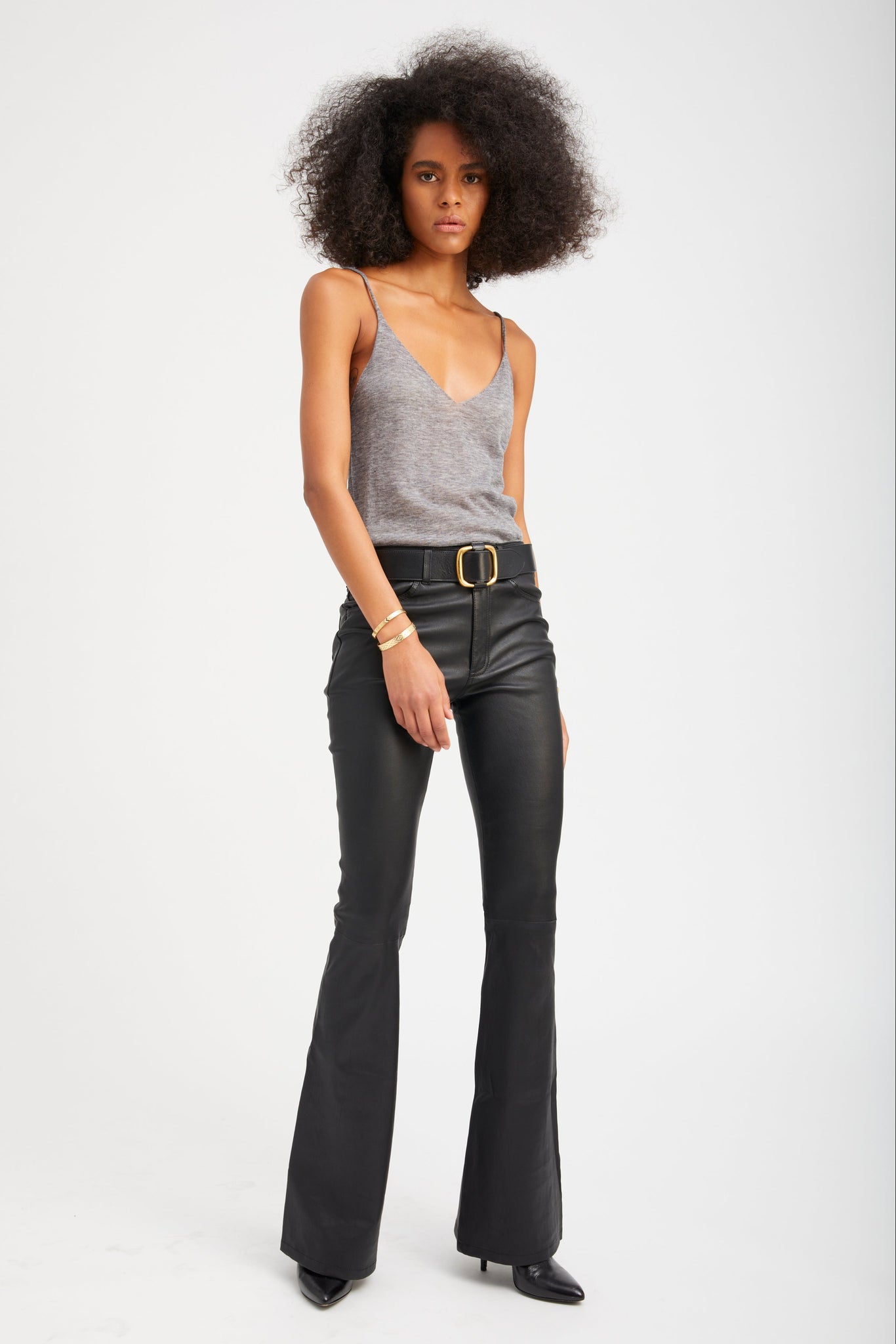 Black Leather 5 Pocket Micro Flare Pants