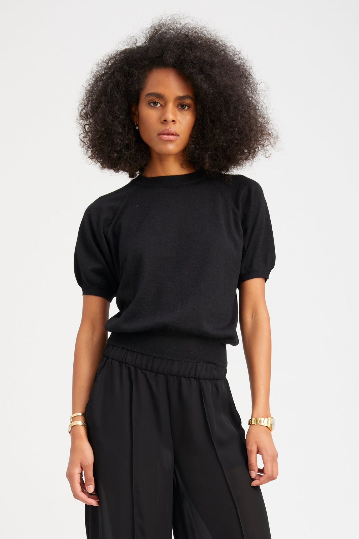 Black Cashmere Short Sleeve Raglan Sweater