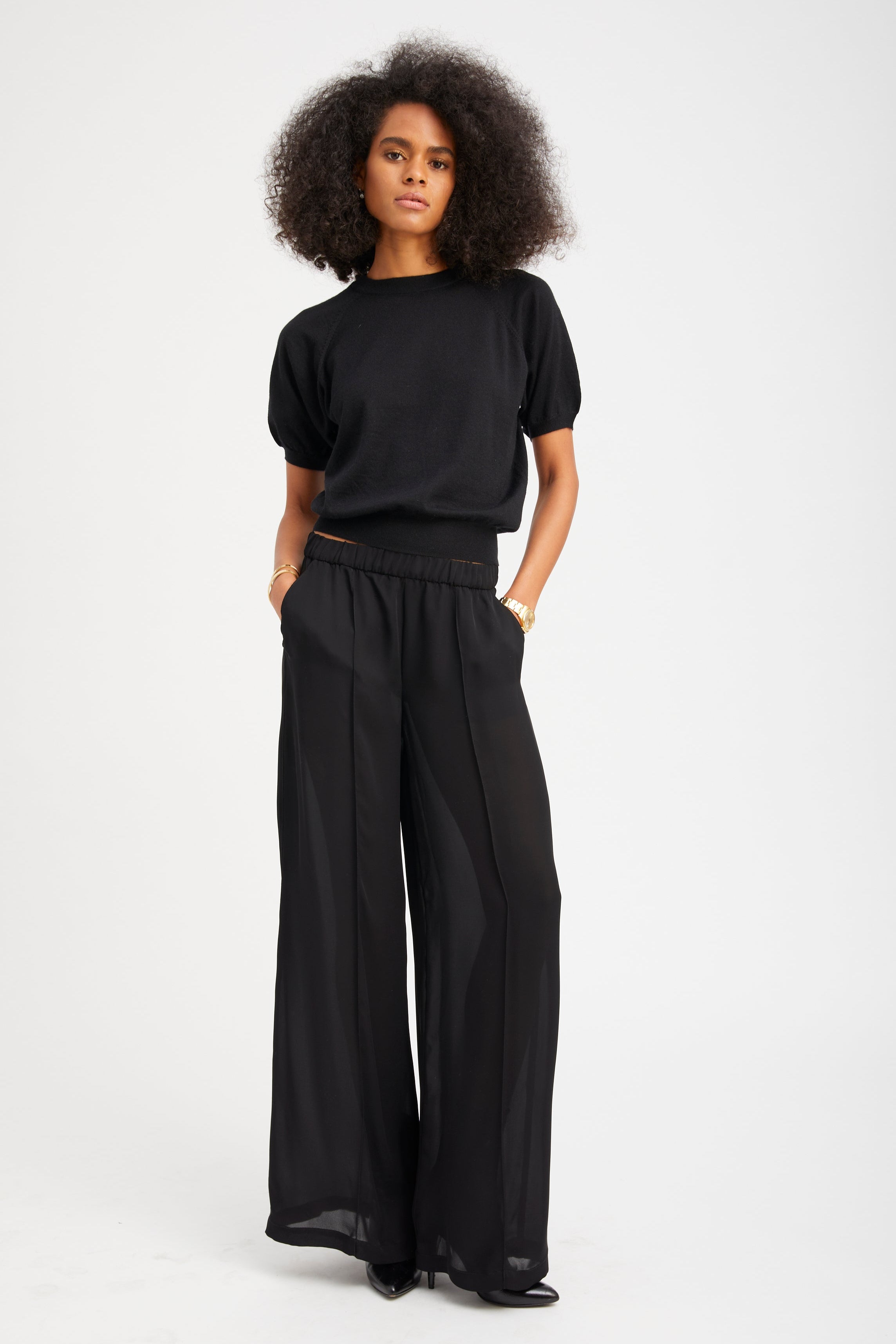 Black Cashmere Short Sleeve Raglan Sweater