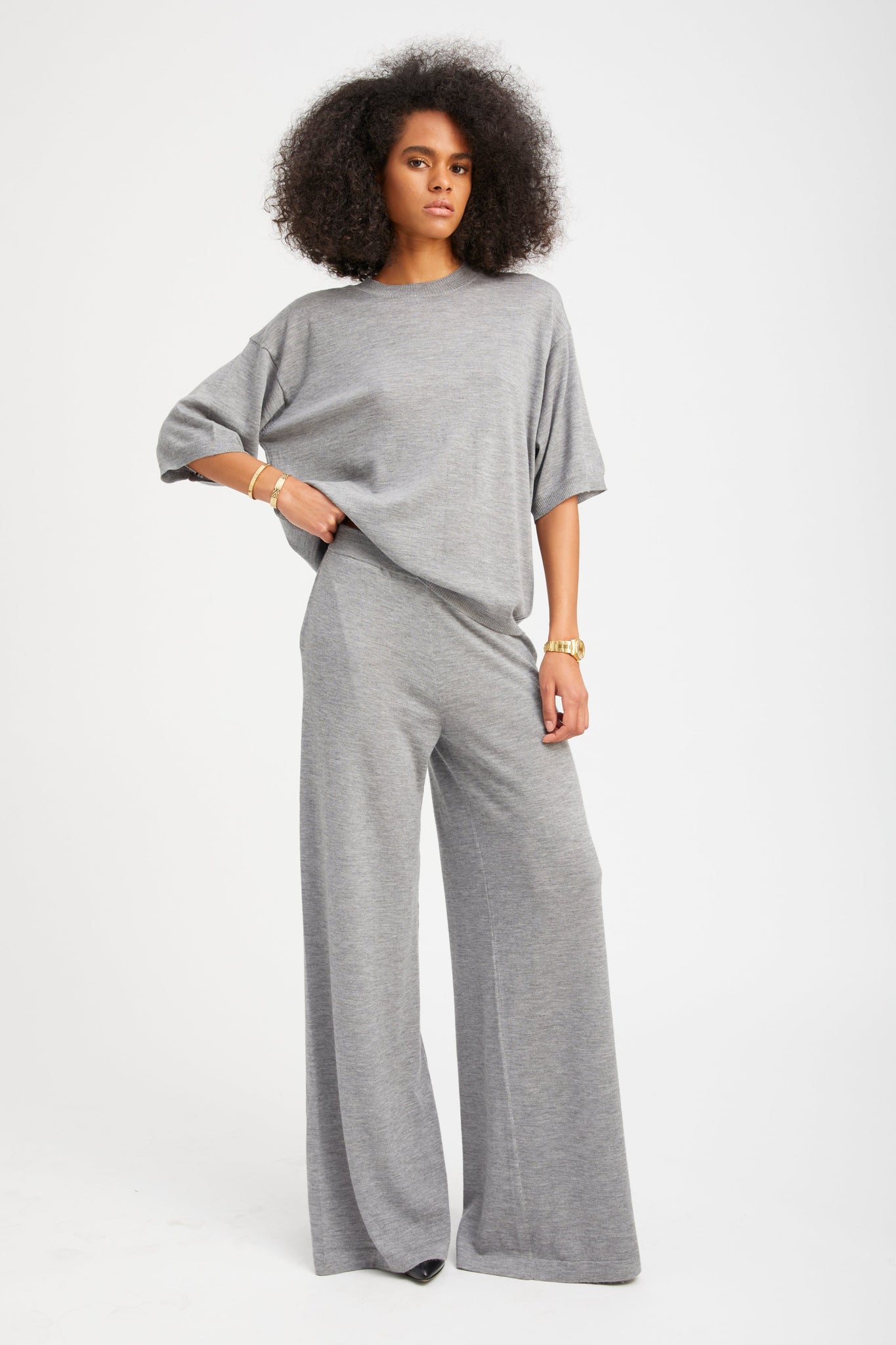 Grey Cashmere Wide Leg Pants