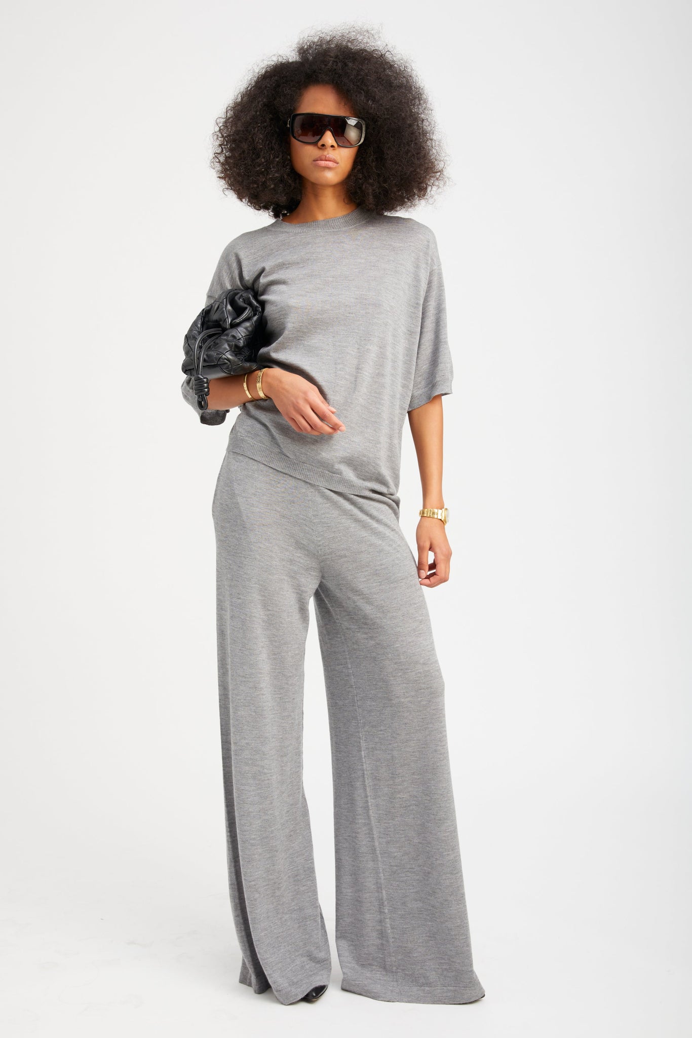 Grey Cashmere Wide Leg Pants