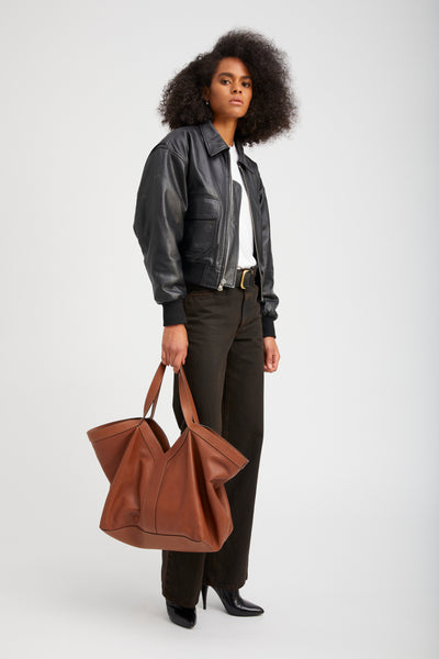 Black Leather Cropped Aviator Bomber