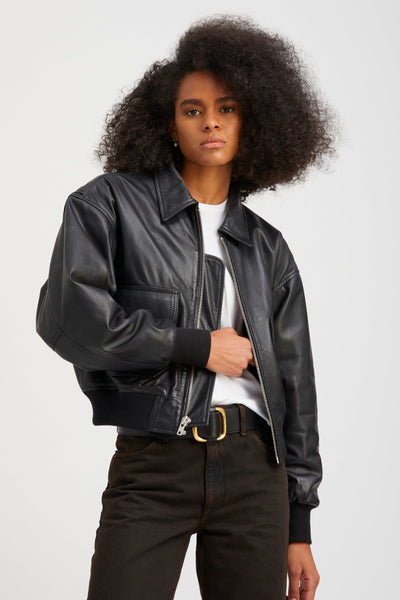 Black Leather Cropped Aviator Bomber