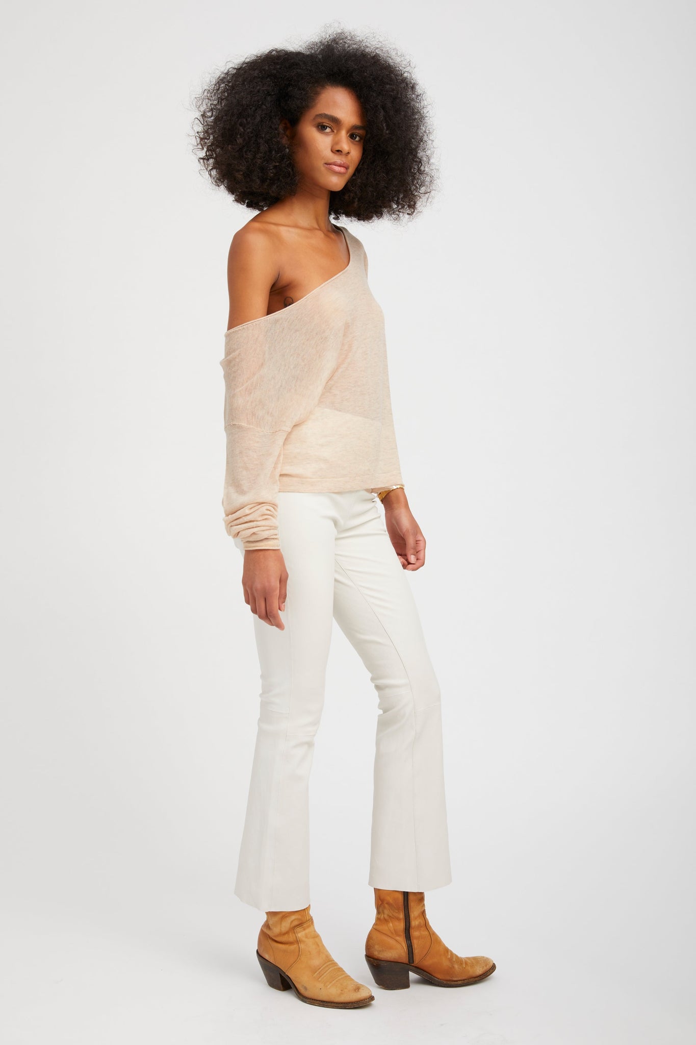 Wheat Tissue Cashmere Off-Shoulder Top