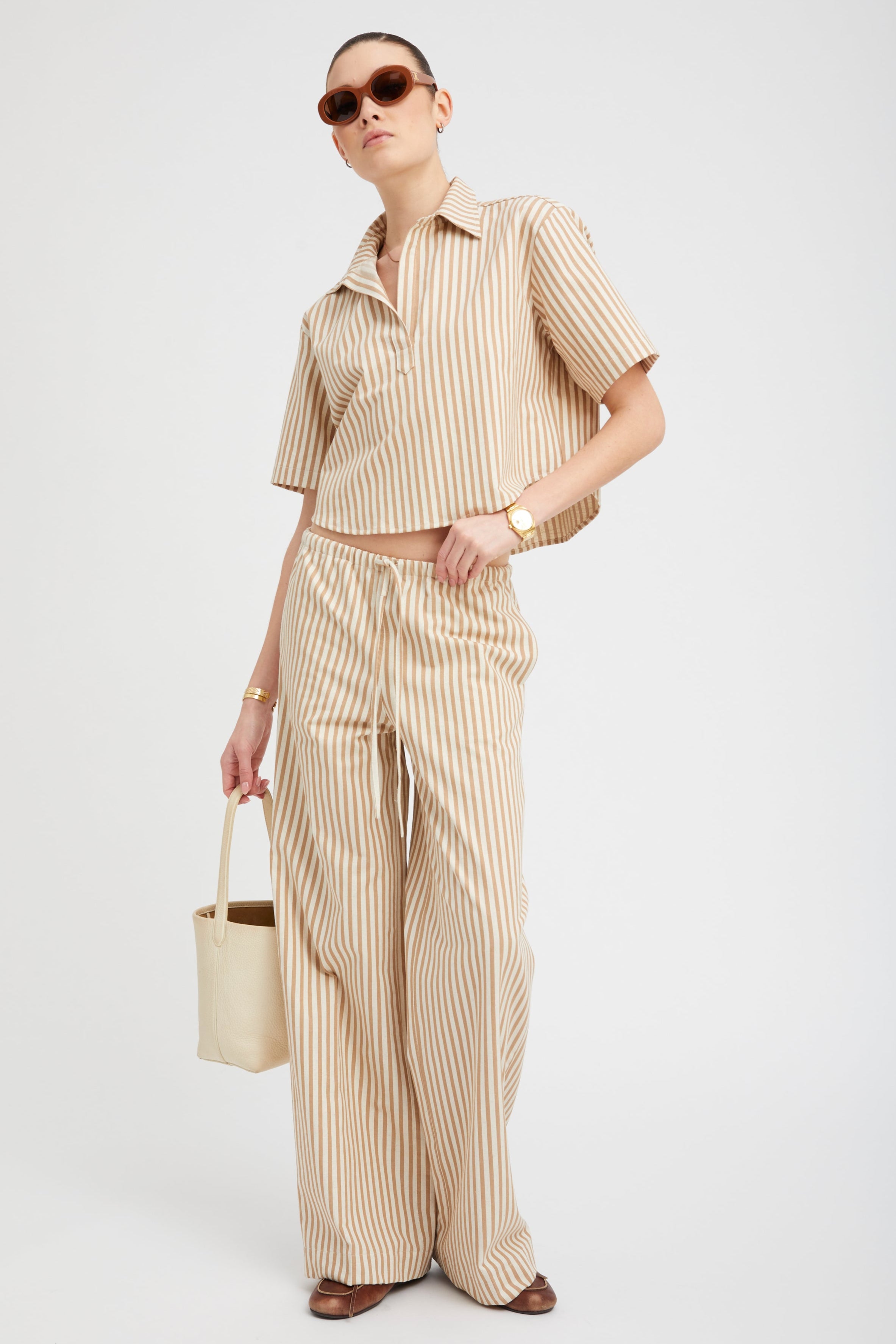 Camel Striped Linen Cropped Henley