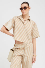 Camel Striped Linen Cropped Henley