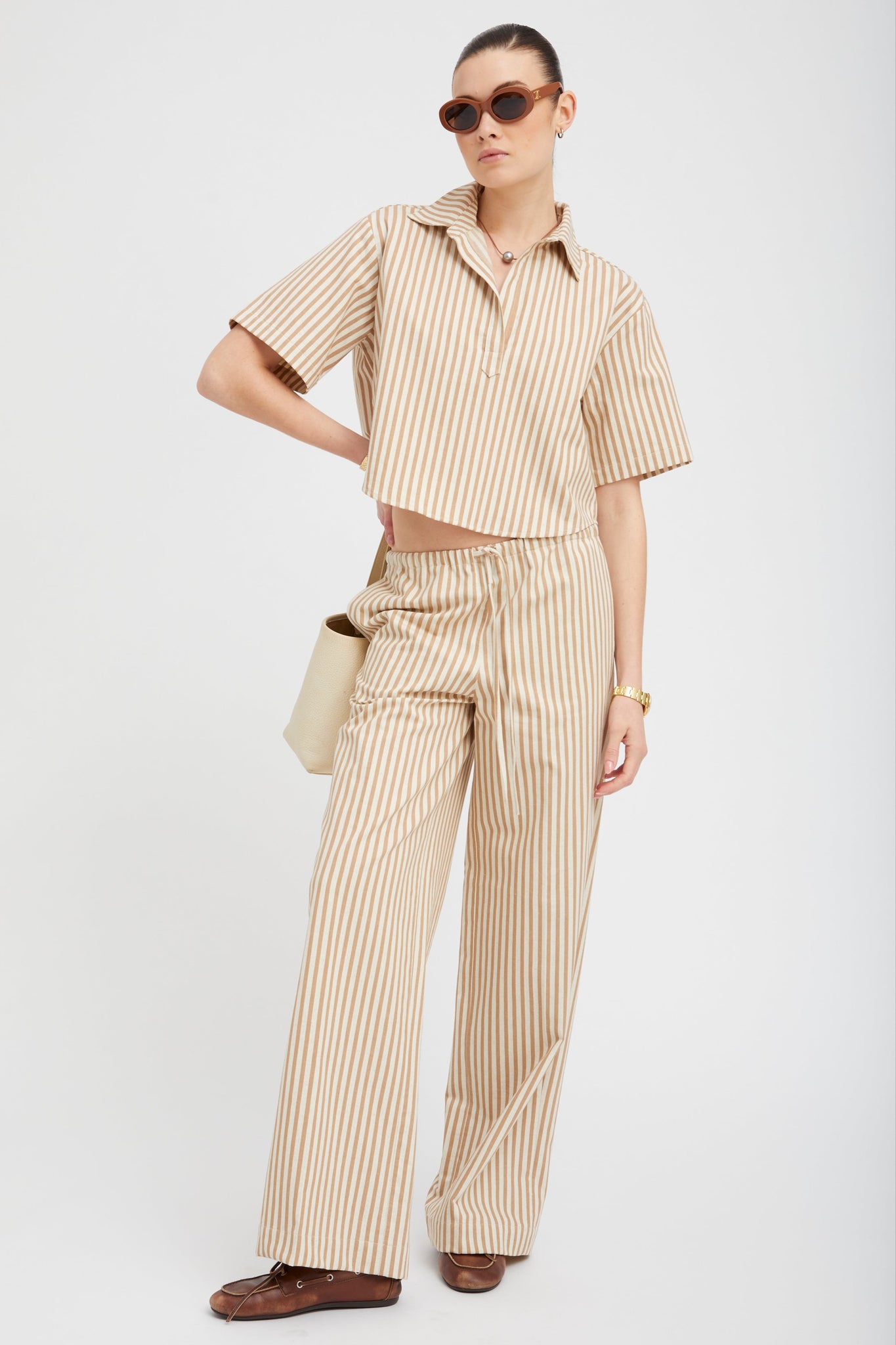 Camel Stripe Linen Drawstring Pants