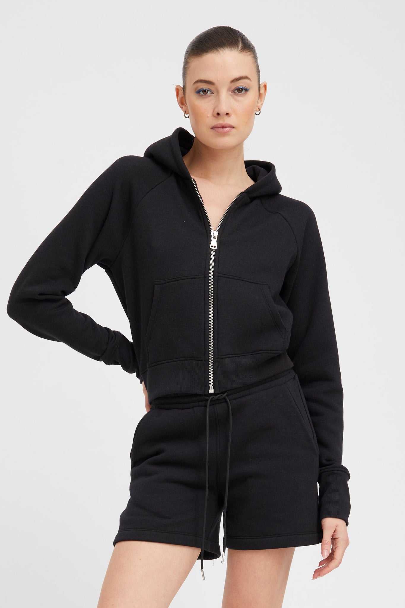 Black Shrunken Zip up Hoodie