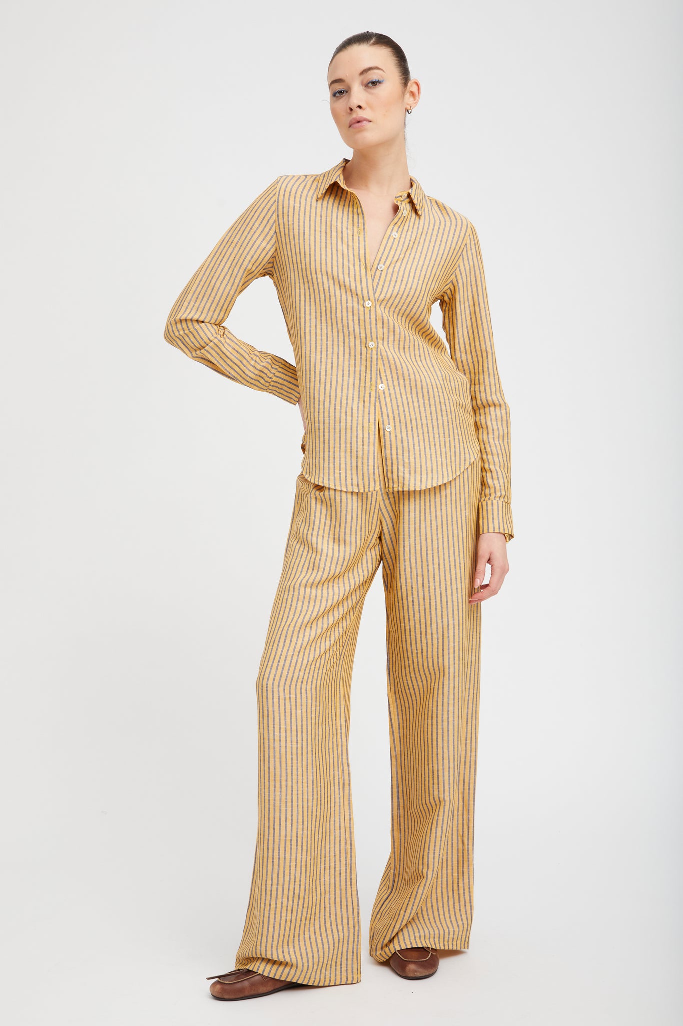 Yellow Indigo Striped Linen Easy Pants