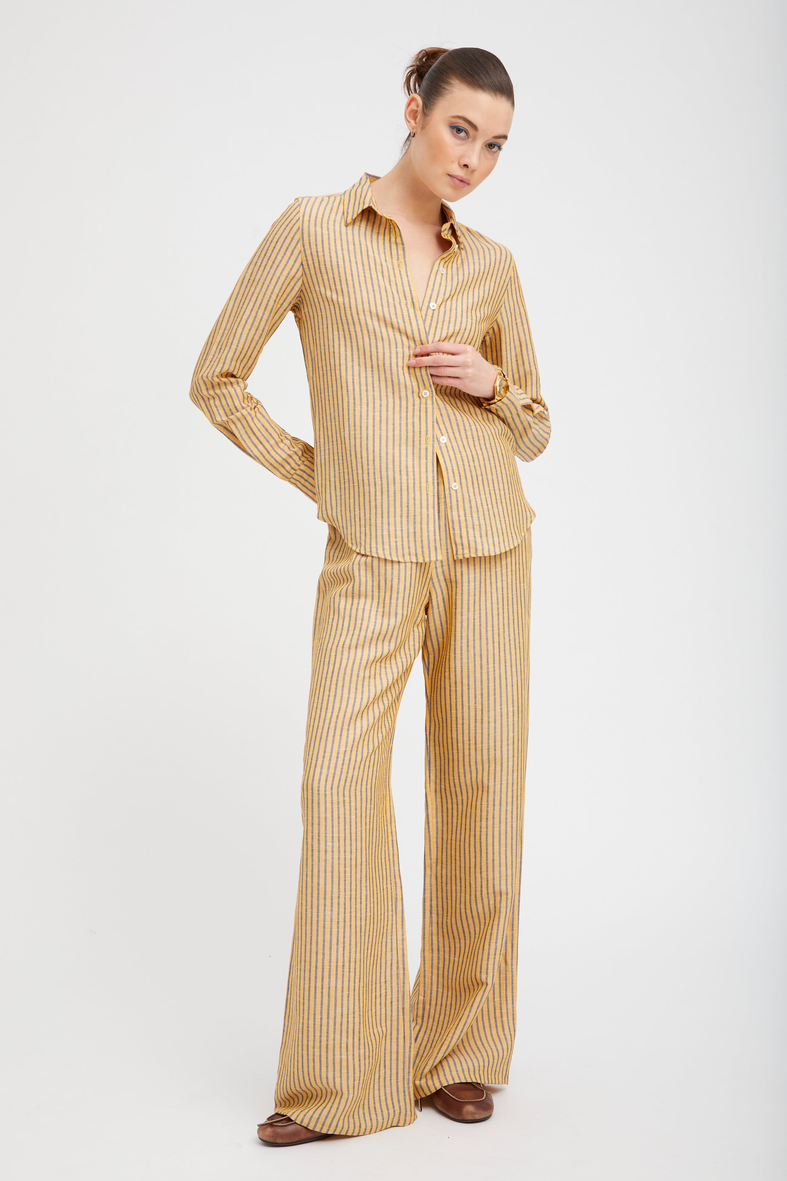 Yellow Indigo Striped Linen Easy Pants