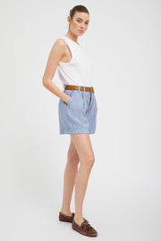 Blue Linen Pleated Trouser Shorts