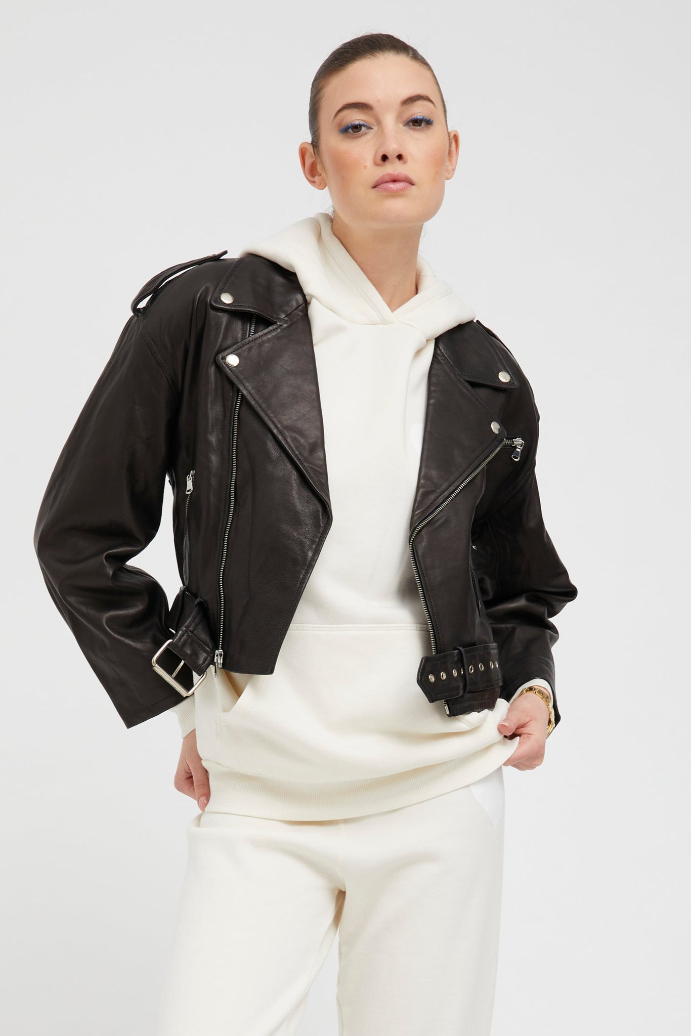 Black Leather Eyelet Lace-Up Moto Jacket