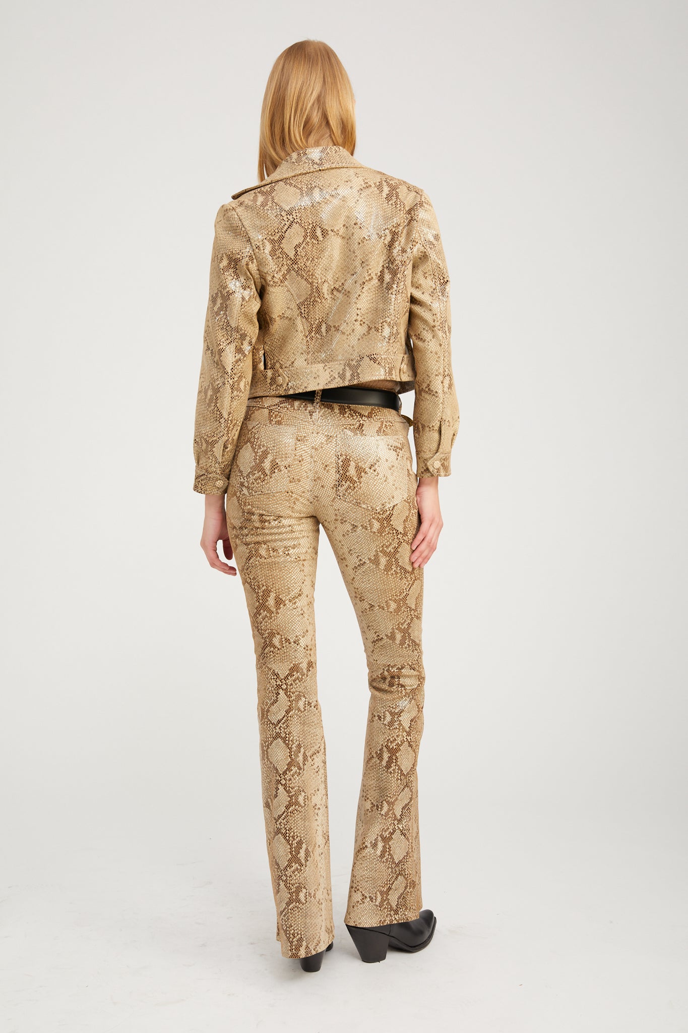 Beige Python Leather 5 Pocket Micro Flare