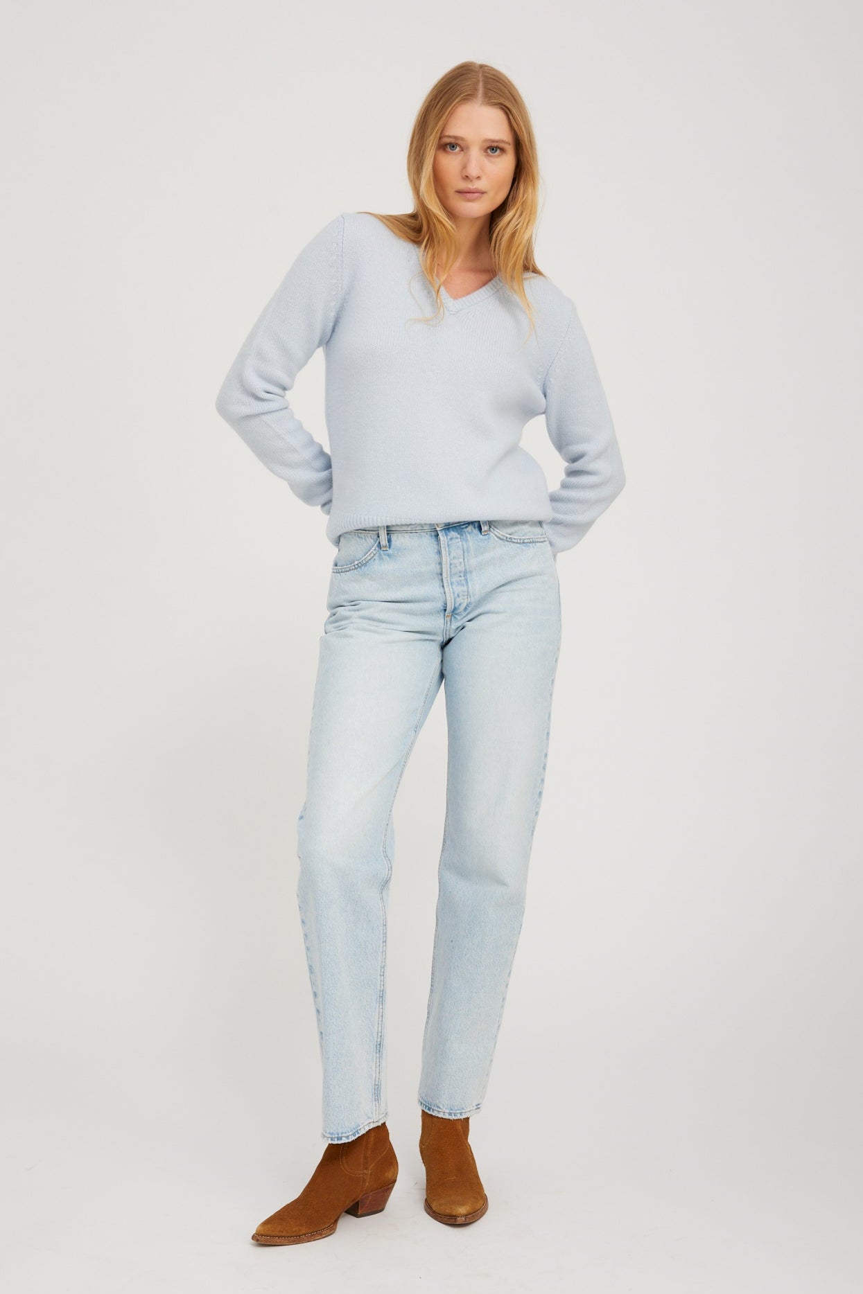 Baby Blue Heavy Cashmere V-Neck Sweater