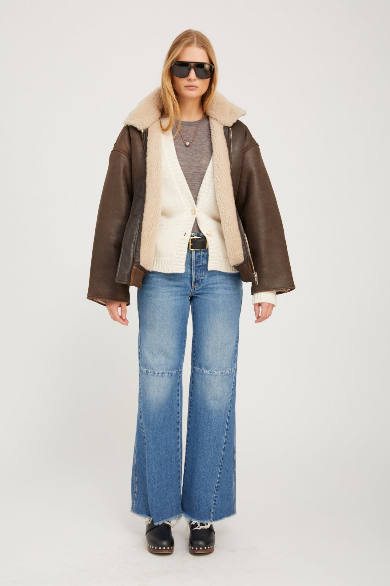 Chocolate Beige Leather Vintage Aviator Jacket