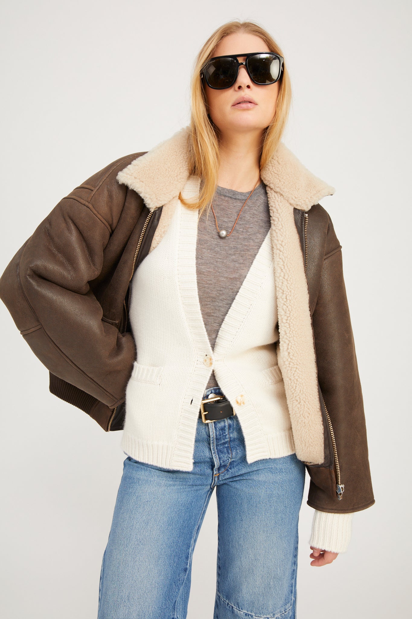 Chocolate Beige Leather Vintage Aviator Jacket