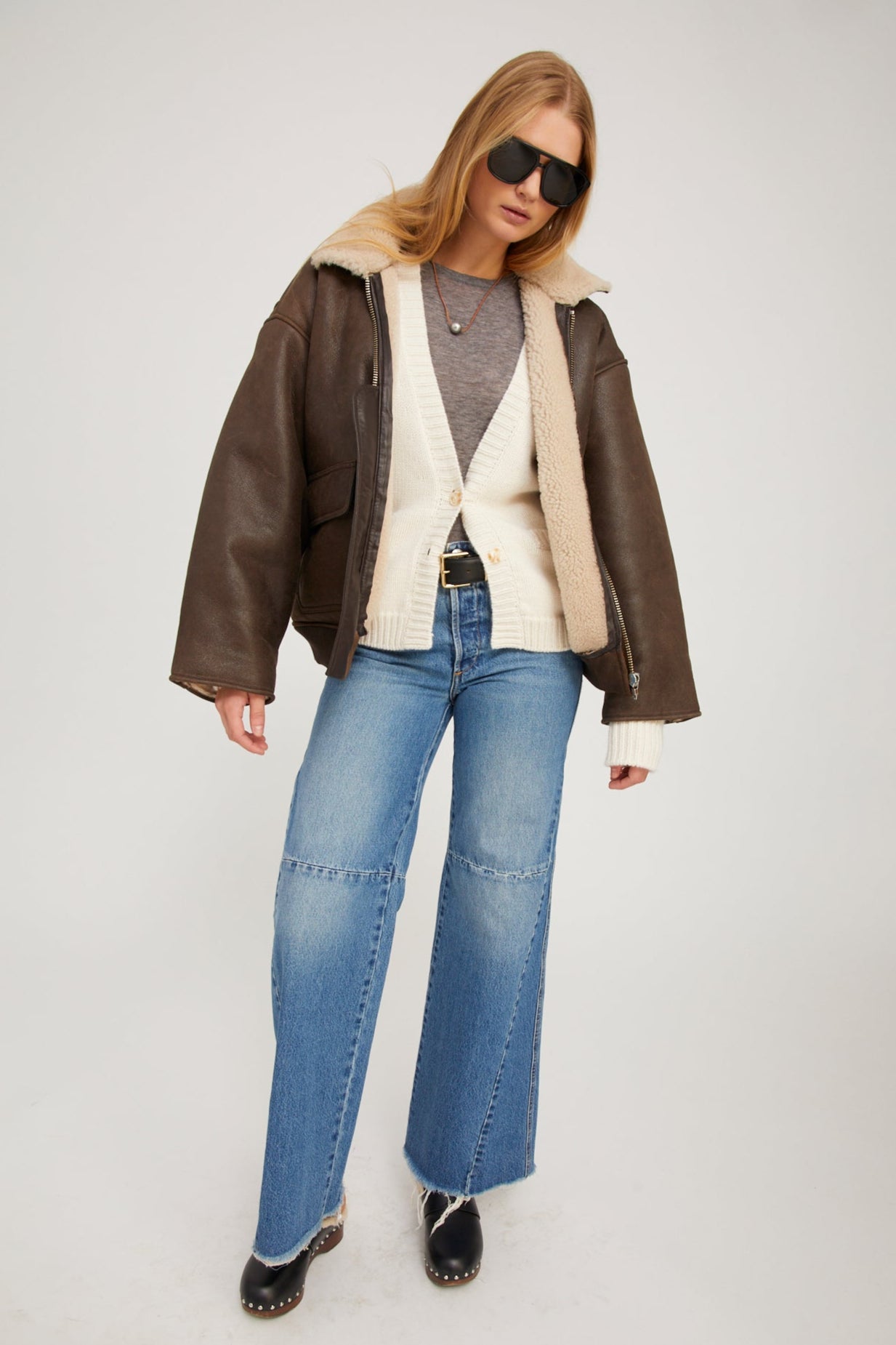 Chocolate Beige Leather Vintage Aviator Jacket