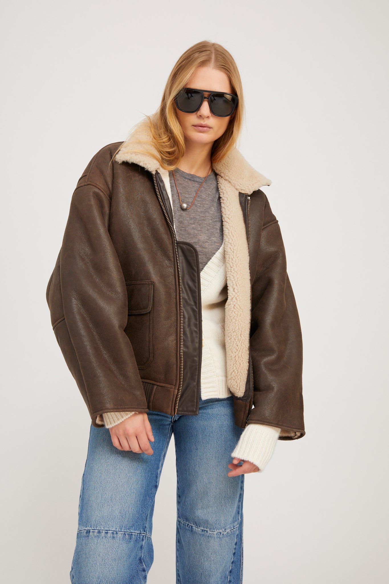 Chocolate Beige Leather Vintage Aviator Jacket