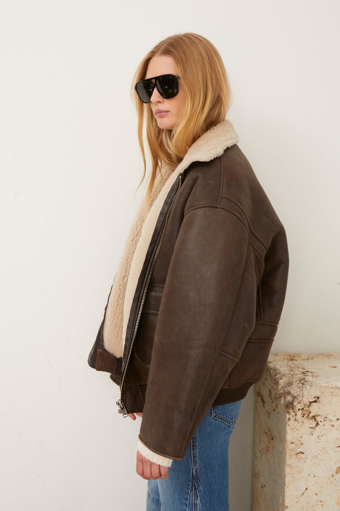 Chocolate Beige Leather Vintage Aviator Jacket