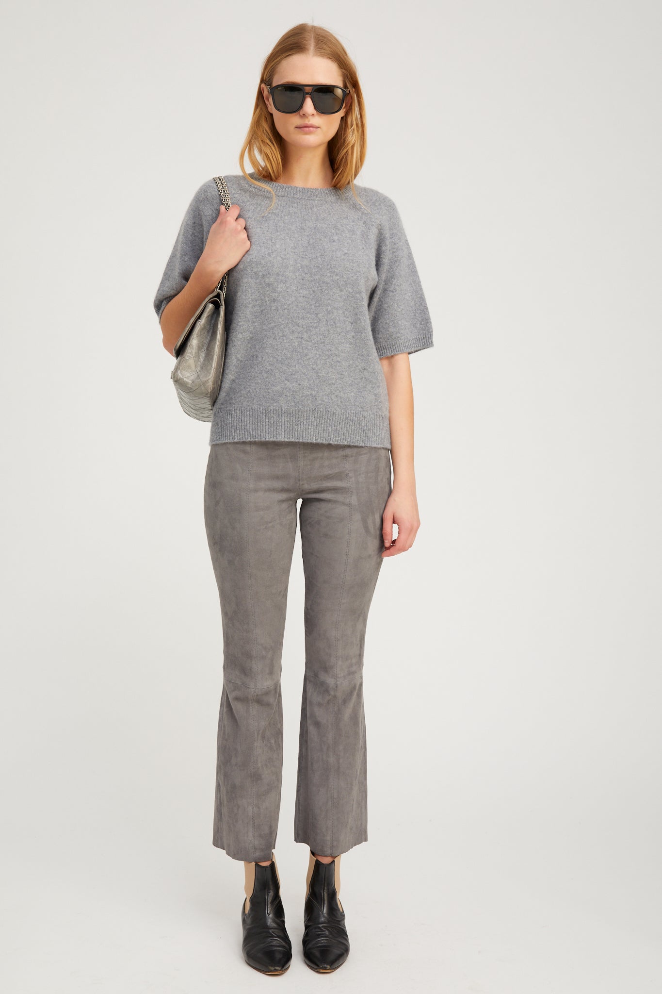 Grey Suede Ankle Flare Pants with Princess Seams